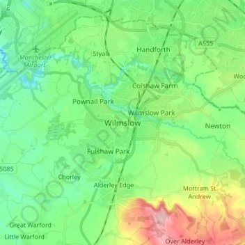 Mapa topográfico Wilmslow, altitud, relieve