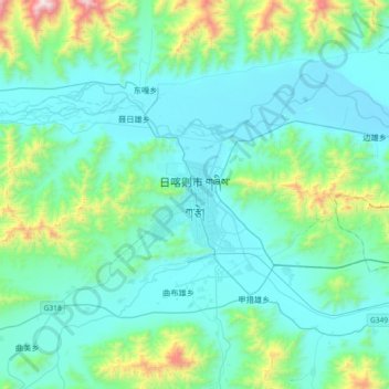 Mapa topográfico Shigatse, altitud, relieve