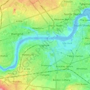 Mapa topográfico Jarrow, altitud, relieve