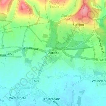 Mapa topográfico Fontwell, altitud, relieve