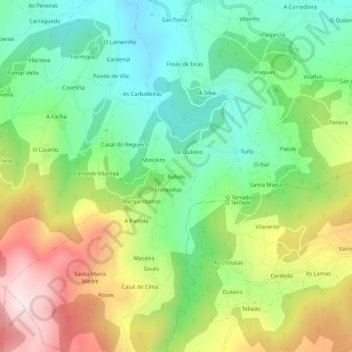 Mapa topográfico Rubiás, altitud, relieve
