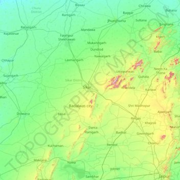 Mapa topográfico Sikar, altitud, relieve