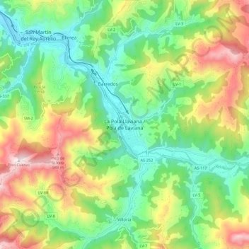 Mapa topográfico Pola de Laviana, altitud, relieve