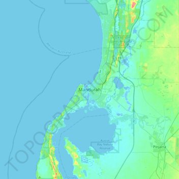 Mapa topográfico Mandurah, altitud, relieve