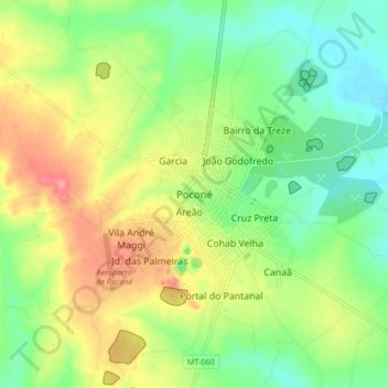 Mapa topográfico Poconé, altitud, relieve