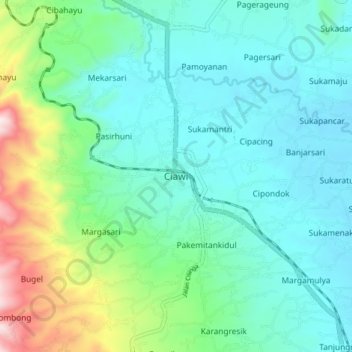 Mapa topográfico Ciawi, altitud, relieve