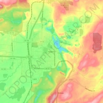 Mapa topográfico Virginia, altitud, relieve