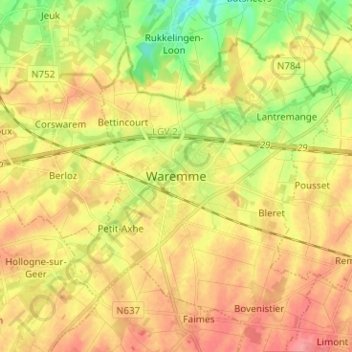 Mapa topográfico Waremme, altitud, relieve
