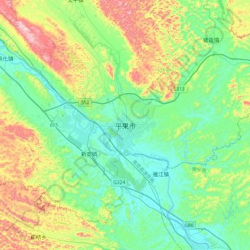 Mapa topográfico Pingguo, altitud, relieve