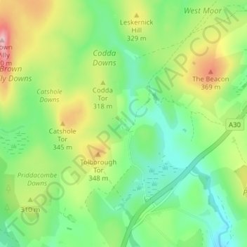 Mapa topográfico Codda, altitud, relieve