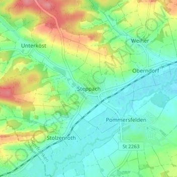 Mapa topográfico Steppach, altitud, relieve