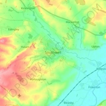 Mapa topográfico Nottinghamshire, altitud, relieve