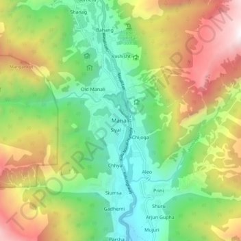 Mapa topográfico Manali, altitud, relieve