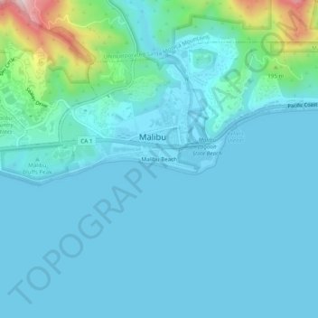 Mapa topográfico Malibu Beach, altitud, relieve