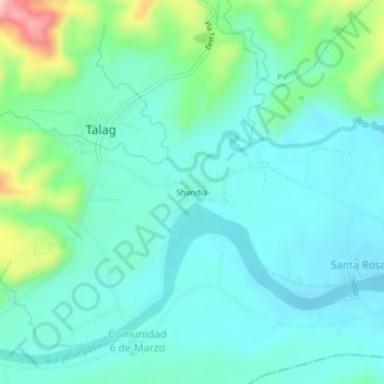 Mapa topográfico Shandia, altitud, relieve