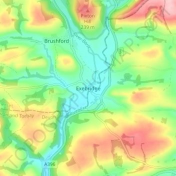 Mapa topográfico Exebridge, altitud, relieve