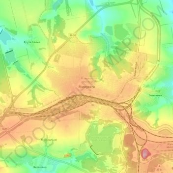 Mapa topográfico Yasynuvata, altitud, relieve