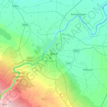 Mapa topográfico Kota, altitud, relieve