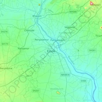 Mapa topográfico Erode, altitud, relieve