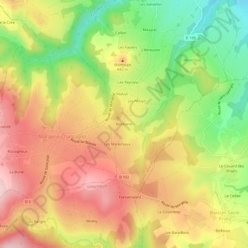 Mapa topográfico Bonnaire, altitud, relieve