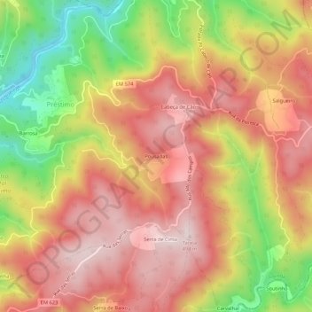 Mapa topográfico Pousadas, altitud, relieve