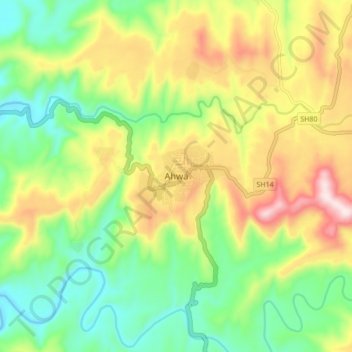 Mapa topográfico Ahwa, altitud, relieve