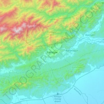 Mapa topográfico Itanagar, altitud, relieve