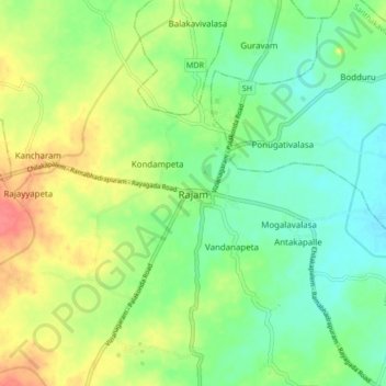 Mapa topográfico Rajam, altitud, relieve