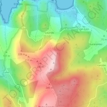 Mapa topográfico O Facho Lourido, altitud, relieve