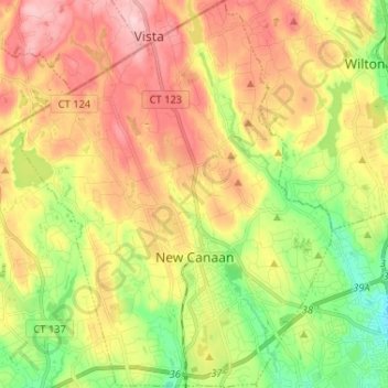 Mapa topográfico New Canaan, altitud, relieve