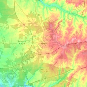 Mapa topográfico Pegões, altitud, relieve