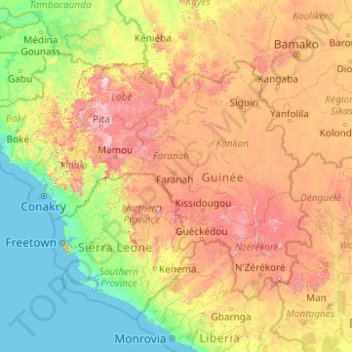 Mapa topográfico Guinea, altitud, relieve