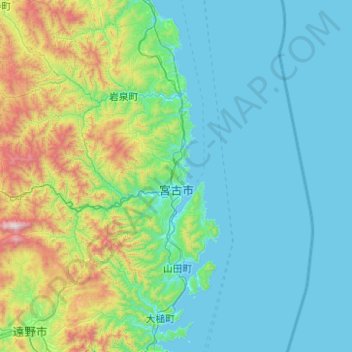 Mapa topográfico Miyako, altitud, relieve