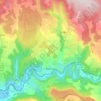 Mapa topográfico Badaroux, altitud, relieve