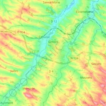 Mapa topográfico Gimont, altitud, relieve