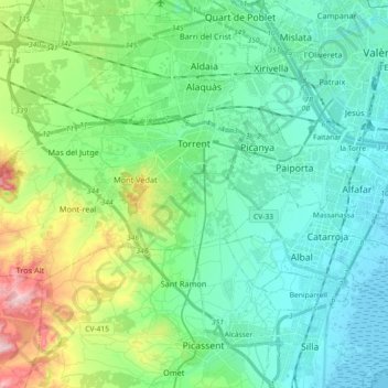 Mapa topográfico Torrente, altitud, relieve