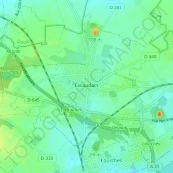 Mapa topográfico Escaudain, altitud, relieve