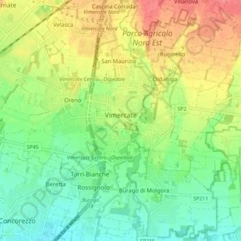 Mapa topográfico Vimercate, altitud, relieve