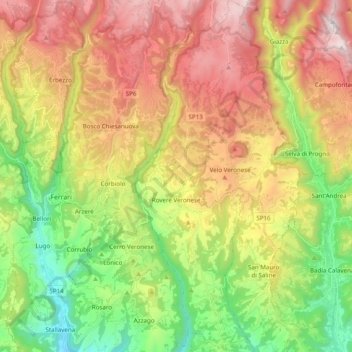 Mapa topográfico Roverè Veronese, altitud, relieve