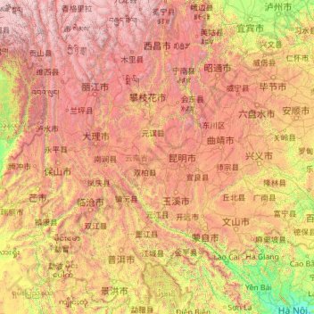 Mapa topográfico 云南省, altitud, relieve
