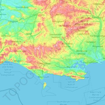 Mapa topográfico Dorset, altitud, relieve