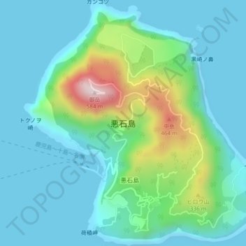 Mapa topográfico 悪石島, altitud, relieve