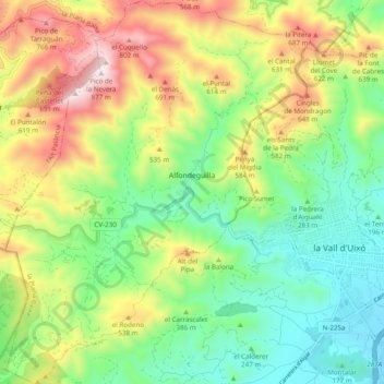 Mapa topográfico Alfondeguilla, altitud, relieve