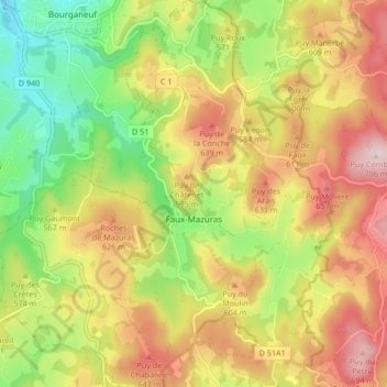 Mapa topográfico Faux-Mazuras, altitud, relieve