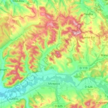 Mapa topográfico Mirepoix, altitud, relieve