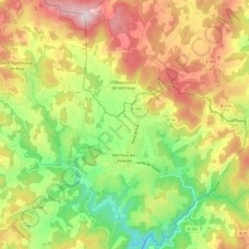 Mapa topográfico Vernoux-en-Vivarais, altitud, relieve