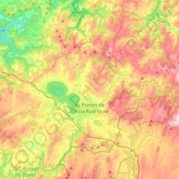 Mapa topográfico Puentes de García Rodríguez, altitud, relieve