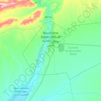 Mapa topográfico Boumalne Dadès, altitud, relieve