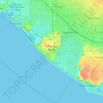 Mapa topográfico Huntington Beach, altitud, relieve