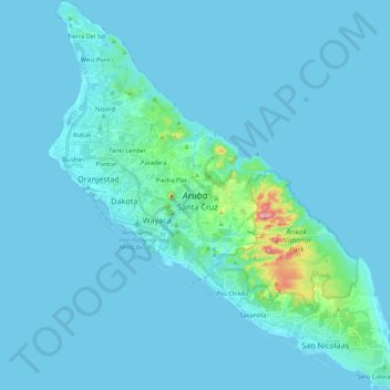 Mapa topográfico Aruba, altitud, relieve